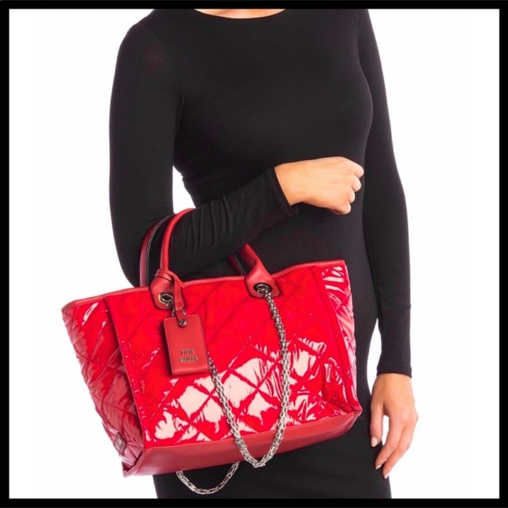 STEVE MADDEN RED TOTE TRAVEL WORK SHOULDER BAG A3C - Picture 2 of 8